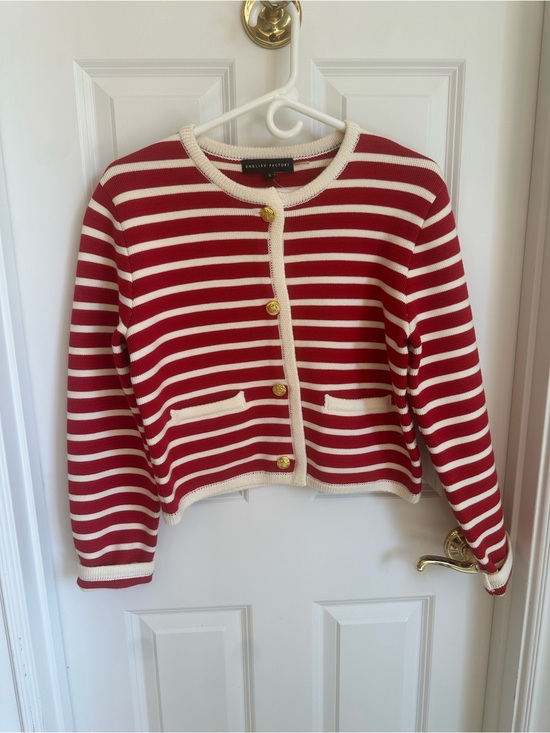 English Factory Sweaters - English Factory Red and Cream Striped Cropped Cardigan with Gold Buttons